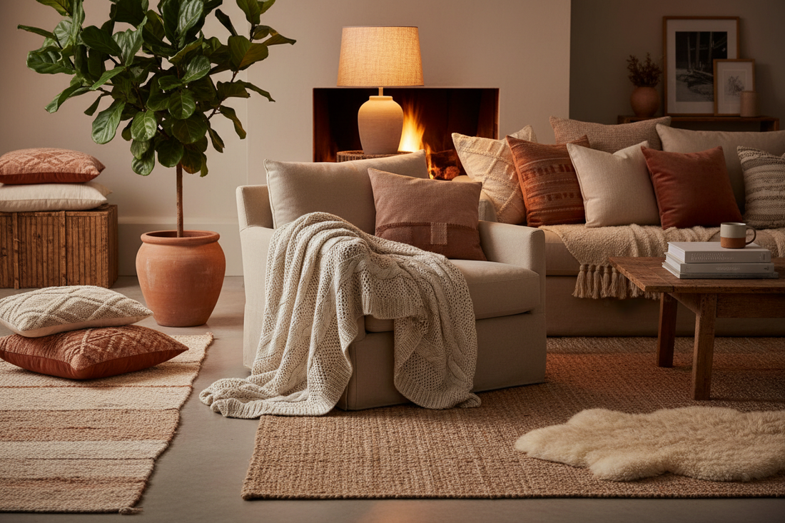 A warm and inviting living room with layered textiles, soft cushions, a glowing lamp and earthy tones creating a cosy atmosphere