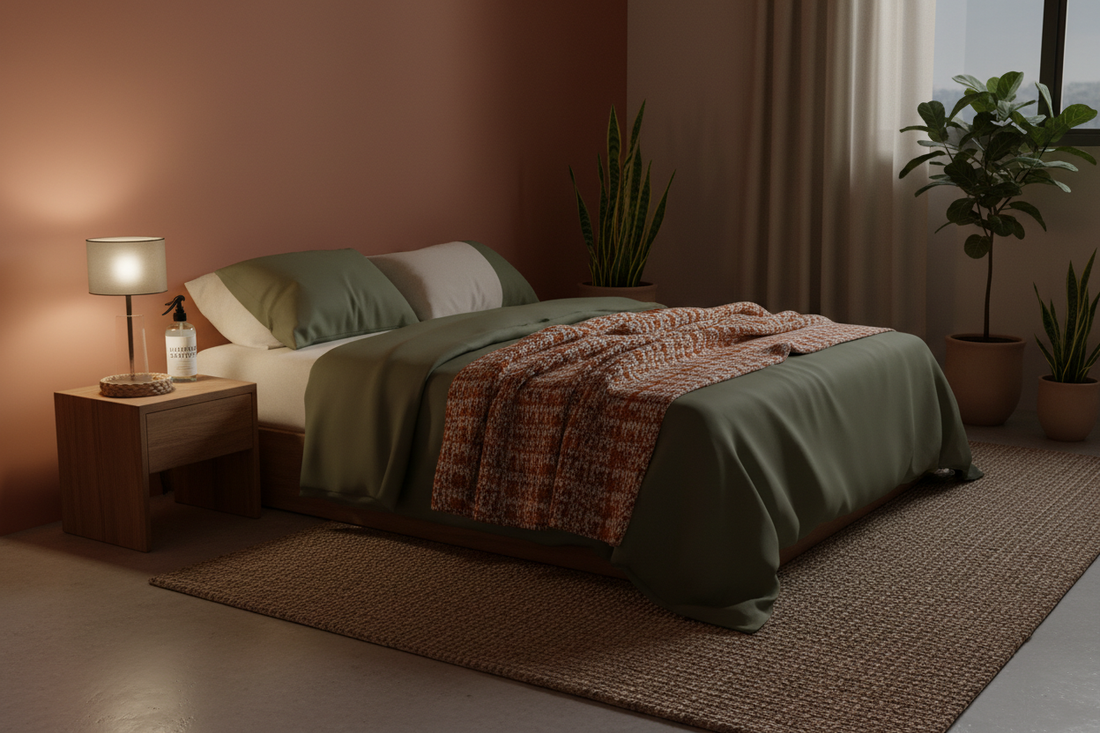  A cosy bedroom with soft lighting and a lavender spray on the nightstand, perfect for a relaxing bedtime routine