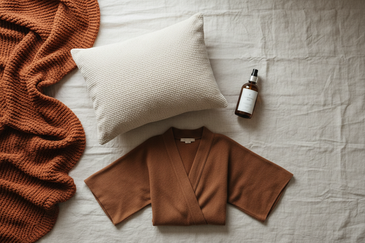 A flat lay of sleep essentials including a comfort pillow, lavender spray, and cosy blanket on a soft linen background